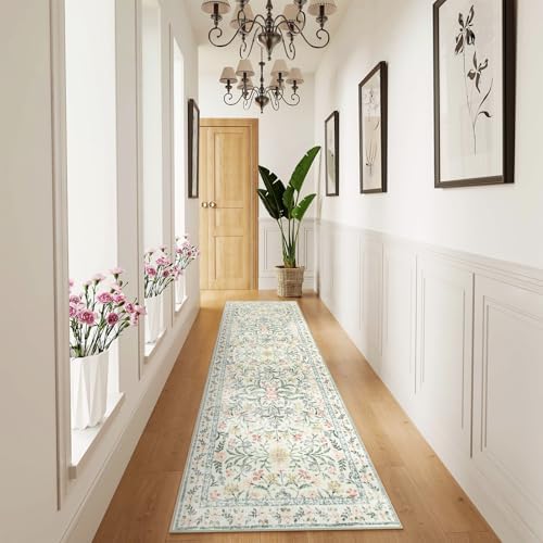 Wonnitar Washable Rug Runner 2'6''x8', Boho Floral Hallway Runner Rug 8ft Long Carpet for Bedroom, Soft Non Slip Ultra-Thin Beige Carpets for Bathroom Kitchen Bedside