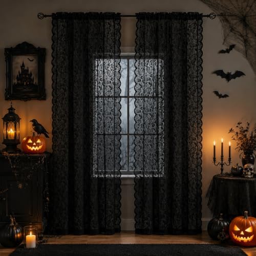 ALIGOGO Black Lace Curtains for Living Room, Gothic Decor, 52W x 84L Inch