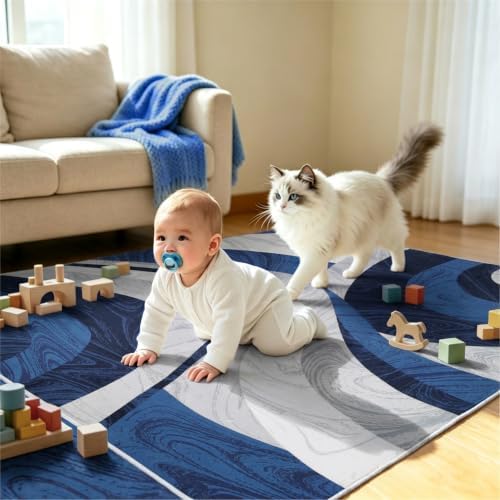 4x5 Area Rugs for Living Room, Modern Abstract Washable Rugs Blue Grey
