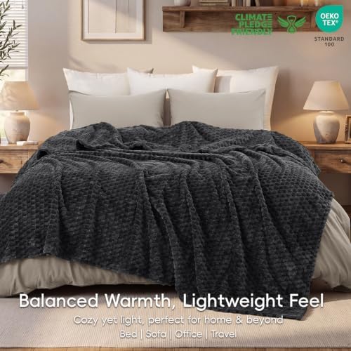PHF Soft Cozy Fleece Blanket King, 340GSM Lightweight Warmth, Dark Grey