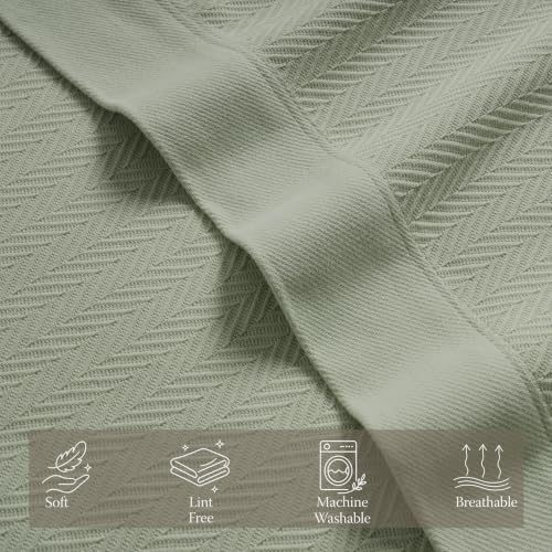 Threadmill Luxury 100% Cotton Queen Herringbone Blanket, Sage Green