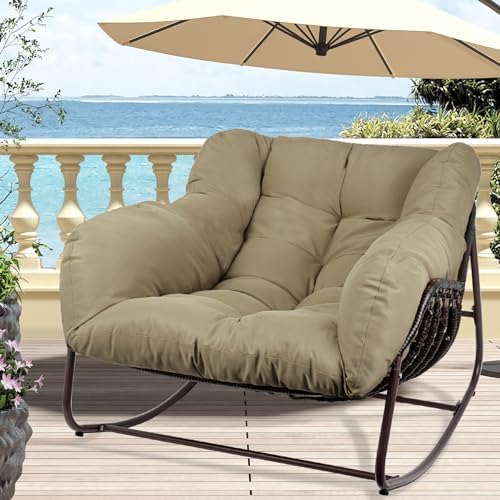 Outdoor Papasan Rocking Chair, Oversized Patio Rocking Chairs with Padded Cus...