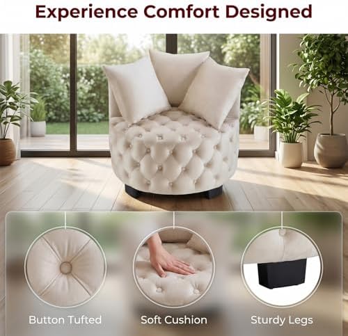 Upholstered Tufted Accent Barrel Chair with 3 Pillows, Contemporary Round Lou...