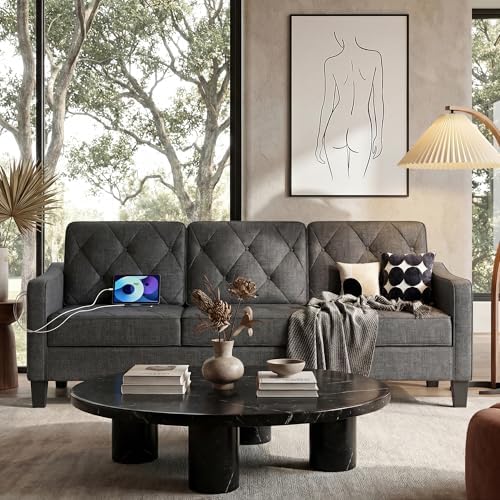 3-Piece Dark Grey Fabric Sofa Set, 2 Accent Chairs & 3 Seater Couch, Tufted