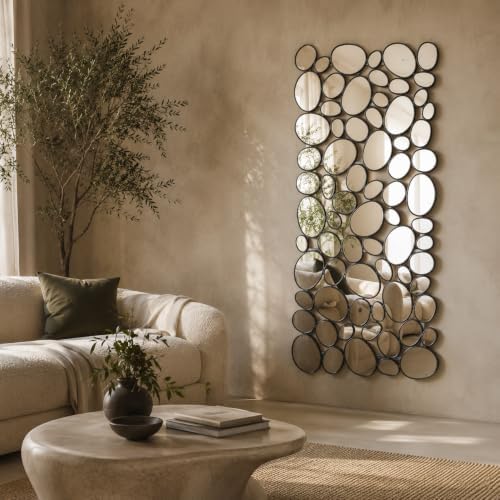 Black Mosaic Wall Mirror, 27.55" x 55" Large Pebble Geometric Decor...