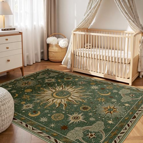 Vacuum-Friendly, 5x7 Washable Area Rug, Green Brown