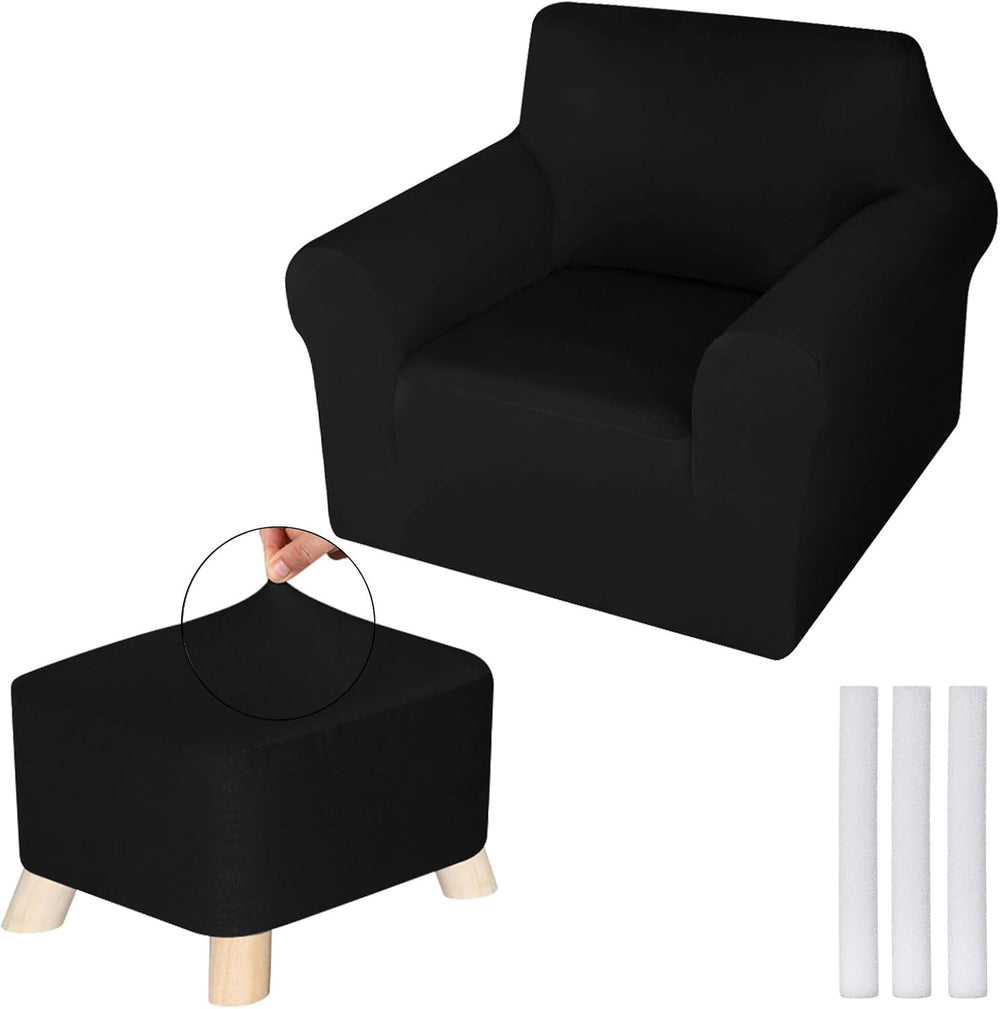 HunnmingRe 2 Piece Black Chair Ottoman Slipcover Set for T Cushion Armchair