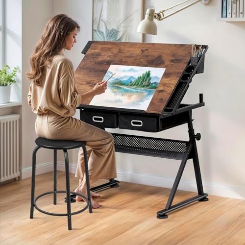 SUPER DEAL Drafting Table Set with Charging Station, Height Adjustable Tiltin...