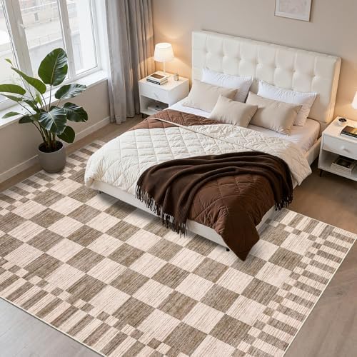 GarveeHome Brown Checkered Rug 5x7 Area Rugs Washable Living Room 5x7 Rug