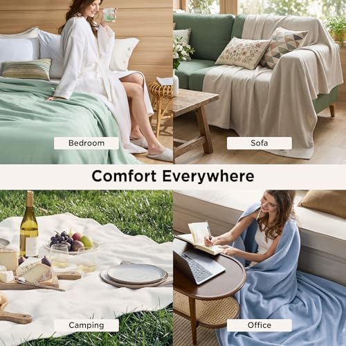 Bedsure 100% Cotton Blanket, Herringbone Weave, Queen Size, Cool Grey