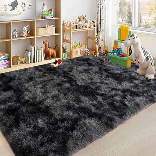 Large Area Rugs for Living Room Bedroom 8x10 Black Grey Shag Rugs