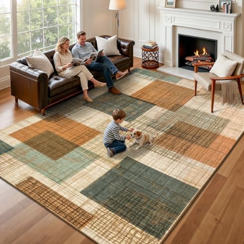 8x10 Washable Area Rug for Living Room Modern Geometric Patchwork Orange