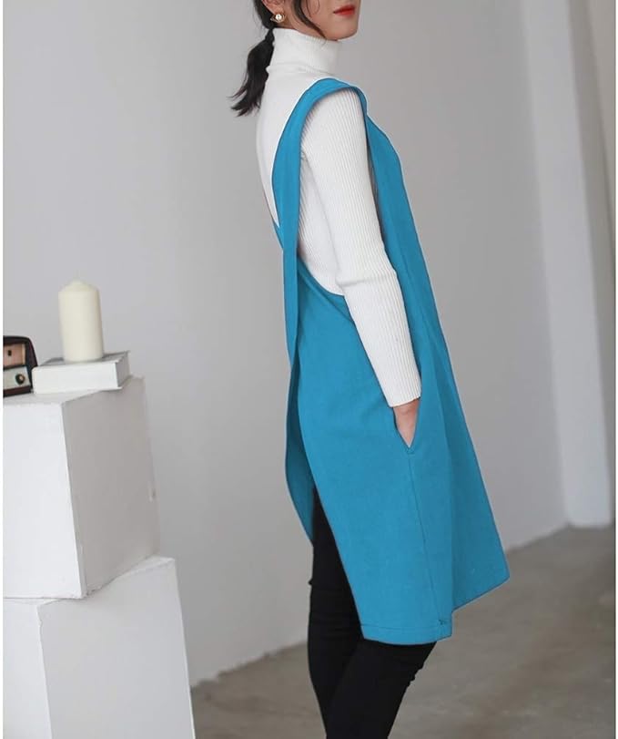 Cotton Linen Japanese Apron Halter Cross Back Bandage X Shape Aprons Two Pockets - Image 2