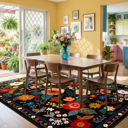 RELEANY Floral Washable 5x7 Area Rugs Black