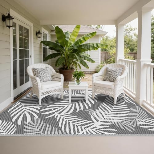 Kohree Outdoor Rug, Leaf, 8x10, Grey & White