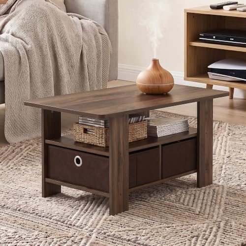 Furinno Andrey Coffee Table with Bin Drawer, Columbia Walnut/Dark Brown