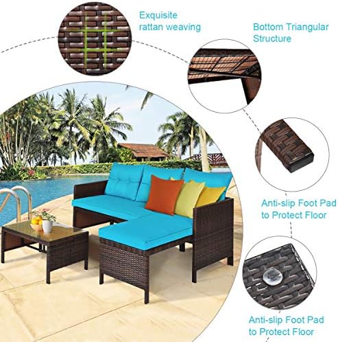Tangkula Patio Corner Sofa Set 3 Piece, Outdoor Rattan Sofa Set, Includes Lou...