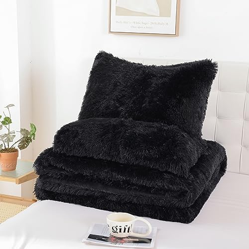 Smoofy Fluffy Queen Comforter Set, Black Faux Fur Comforter Set 3 Pieces