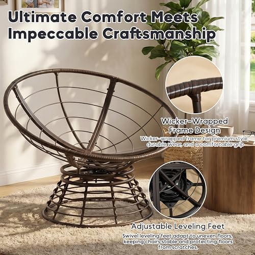 Comfortable 36" Ergonomic Wicker Papasan Chair, 360° Swivel Wicker Accen...