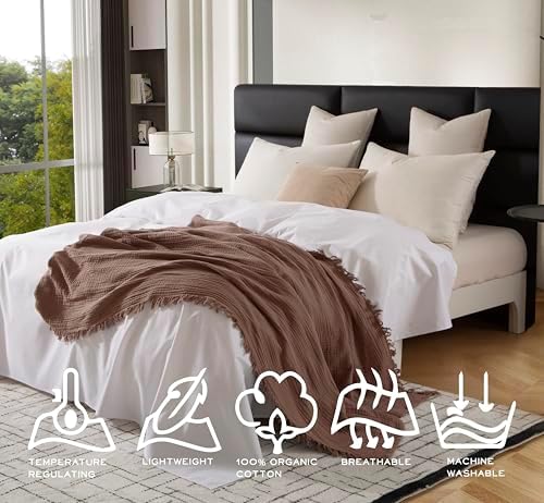 KyraHome 100% Organic Cotton Throw Blankets, 90“x90” Queen, Pre-Washed Muslin...