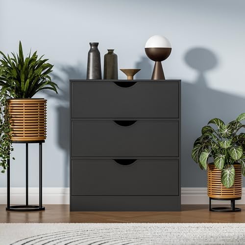 Housoul 3 Drawers Dresser with PU Drawer and Wood Frame, Black Chest with Lar...