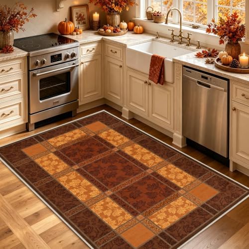 Fall Area Rug 3x5 for Entryway, Plaid Washable Rugs Orange