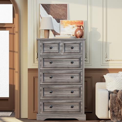 VVFLU Grey Dresser, 48" Tall Dresser with Natural Texture & Metal Ha...