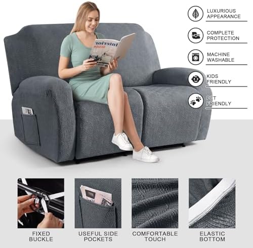 Timeles Loveseat Covers Washable, Stretch Couch Slipcovers, Gray | 2 Seater 4-Pieces Jacquard Soft Recliner Sofa Covers Furniture Protector with Pocket for Pets Kids