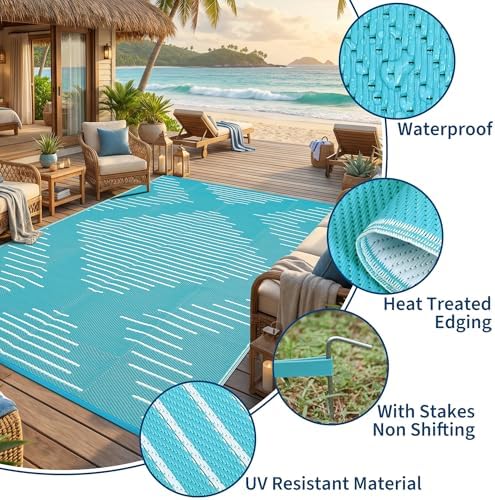 Garvee Waterproof Outdoor Rug 9x12 Plastic Reversible Rug Light Blue White