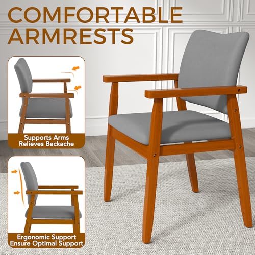 Mid Century Modern Walnut Dining Chairs Wood Arm Grey Fabric Kitchen Cafe Liv...