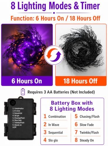 9 FT Halloween Twig Garland Decoration with 45 Purple and Orange LED Lights