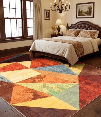 YIHOUSE Brown Area Rug 8x10,Geometric Burnt Orange Area Rug Non Slip,Farmhous...