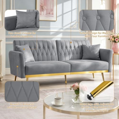 70” Velvet Futon Sofa Bed w/Adjustable Armrests, Grey