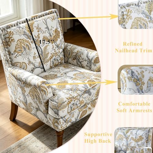 Floral Accent Chair with High Back & Nailhead Trim, Comfy Upholstered Arm...