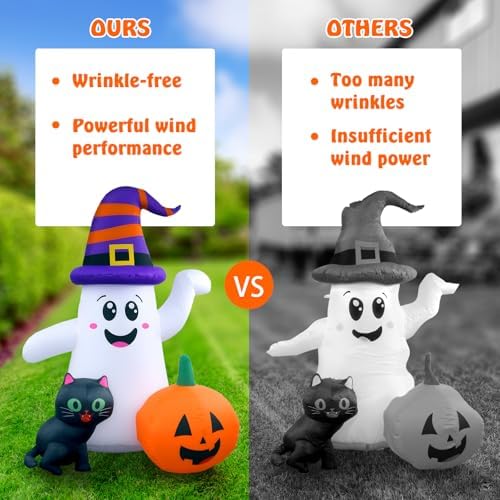5FT Cute Halloween Inflatables Ghost, Blow Up Wizard Ghost with Pumpkin Black...