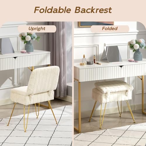 Vanity Chair with Storage | Comfy Ottoman with Folding Back