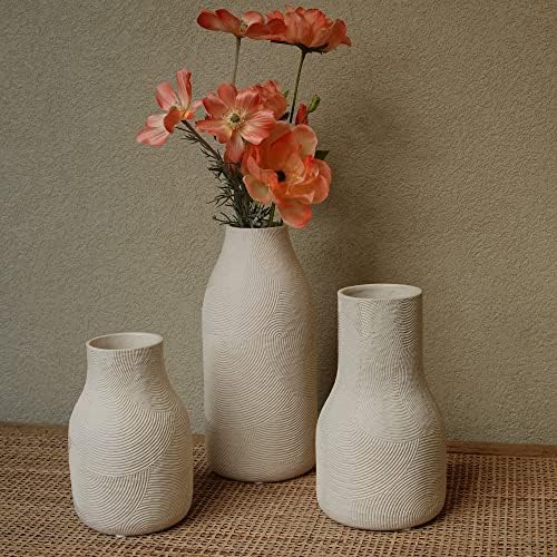 Ceramic Vases for Home Decor - Matte White Textured Vase Set of 3, Decorative...