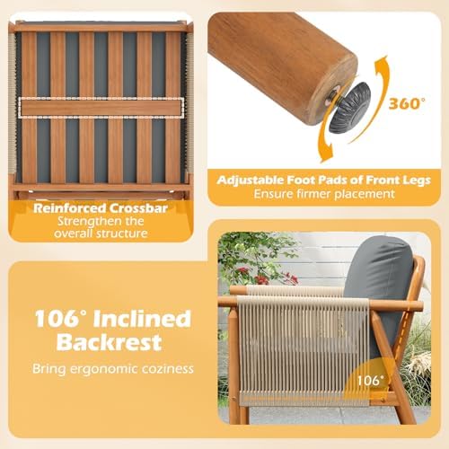 Tangkula Acacia Wood Patio Club Chair Set of 2, Boho Accent Chair with Woven ...