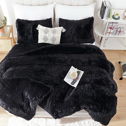 Smoofy Fluffy Queen Comforter Set, Black Faux Fur Comforter Set 3 Pieces
