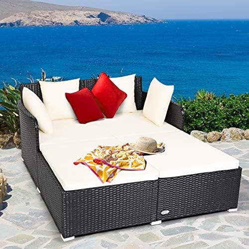 COSTWAY Outdoor Patio Rattan Daybed, Sponge Cushioned Loveseat Sofa