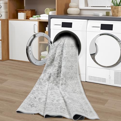 Tosuoka Area Rugs 9x12 Living Room Rug, Vintage Washable Rug Light Gray
