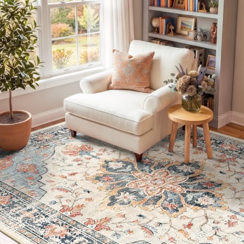 RELEANY Washable Area Rug, 5'x7', Beige/Blue/Orange