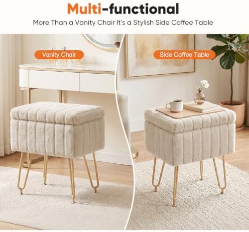 DUMOS Vanity Stool Chair with Storage, Small Ottoman Faux Fur Soft Padded Foo...