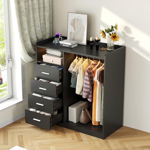Garvee Dresser with Hanging Rack for Bedroom, 4 Drawer Dresser with LED Light...