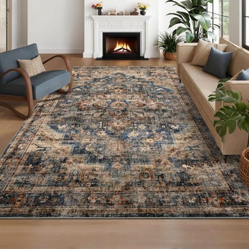 GarveeHome 9x12 Area Rug for Living Room Washable Vintage Rug Blue&Brown