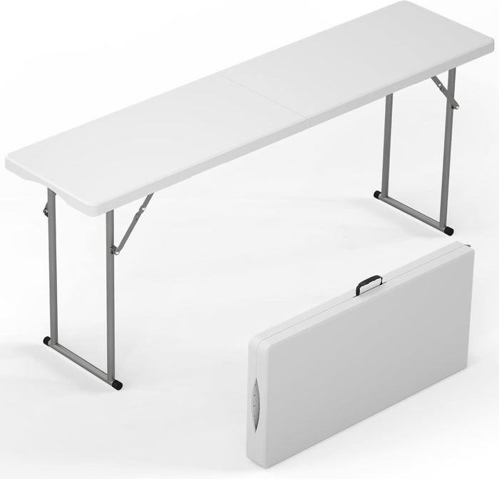 6 ft Narrow Folding Table, Tabletop Fold-in-Half with Handle & Safety Locks