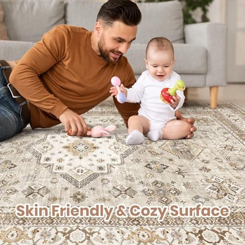 cotiled 5x7 Area Rug for Living Room, Washable, Traditional, Beige