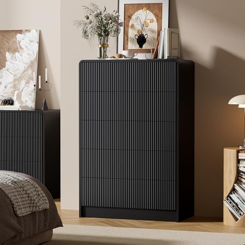 Furniway Black 5 Drawer Dresser for Bedroom, Curved Tall Dresser with Push-to...