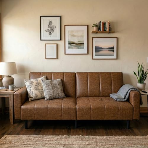 83" Mid Century Modern Faux Leather Sofa, Brown Leather Futon Sofa