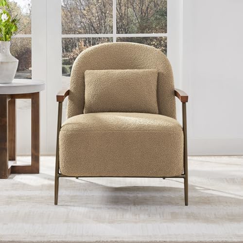 CHITA Accent Chair Set of 2, Sherpa Armchair with Wooden Armrest, Camel